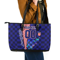 Personalized Croatia Football Leather Tote Bag Checkerboard Graphic - Golden Champion Trophy And Flag