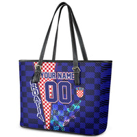 Personalized Croatia Football Leather Tote Bag Checkerboard Graphic - Golden Champion Trophy And Flag