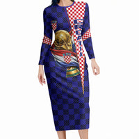 Personalized Croatia Football Long Sleeve Bodycon Dress Checkerboard Graphic - Golden Champion Trophy And Flag
