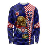 Personalized Croatia Football Long Sleeve Shirt Checkerboard Graphic - Golden Champion Trophy And Flag
