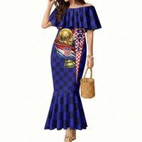 Personalized Croatia Football Mermaid Dress Checkerboard Graphic - Golden Champion Trophy And Flag