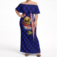 Personalized Croatia Football Off Shoulder Maxi Dress Checkerboard Graphic - Golden Champion Trophy And Flag