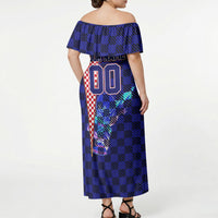 Personalized Croatia Football Off Shoulder Maxi Dress Checkerboard Graphic - Golden Champion Trophy And Flag