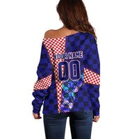 Personalized Croatia Football Off Shoulder Sweater Checkerboard Graphic - Golden Champion Trophy And Flag