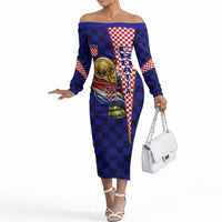 Personalized Croatia Football Off The Shoulder Long Sleeve Dress Checkerboard Graphic - Golden Champion Trophy And Flag