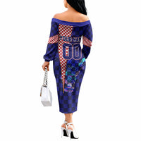 Personalized Croatia Football Off The Shoulder Long Sleeve Dress Checkerboard Graphic - Golden Champion Trophy And Flag