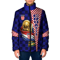 Personalized Croatia Football Padded Jacket Checkerboard Graphic - Golden Champion Trophy And Flag