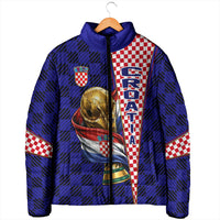 Personalized Croatia Football Padded Jacket Checkerboard Graphic - Golden Champion Trophy And Flag