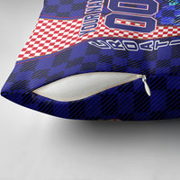 Personalized Croatia Football Pillow Cover Checkerboard Graphic - Golden Champion Trophy And Flag