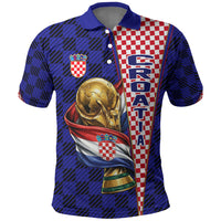 Personalized Croatia Football Polo Shirt Checkerboard Graphic - Golden Champion Trophy And Flag