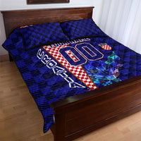 Personalized Croatia Football Quilt Bed Set Checkerboard Graphic - Golden Champion Trophy And Flag