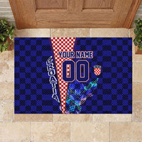 Personalized Croatia Football Rubber Doormat Checkerboard Graphic - Golden Champion Trophy And Flag