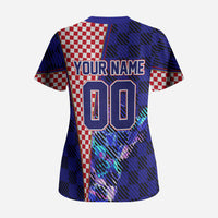 Personalized Croatia Football Scrub Top Checkerboard Graphic - Golden Champion Trophy And Flag