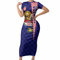 Personalized Croatia Football Short Sleeve Bodycon Dress Checkerboard Graphic - Golden Champion Trophy And Flag