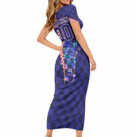 Personalized Croatia Football Short Sleeve Bodycon Dress Checkerboard Graphic - Golden Champion Trophy And Flag