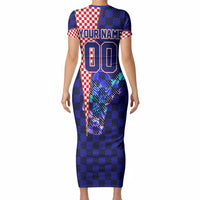 Personalized Croatia Football Short Sleeve Bodycon Dress Checkerboard Graphic - Golden Champion Trophy And Flag