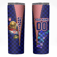 Personalized Croatia Football Skinny Tumbler Checkerboard Graphic - Golden Champion Trophy And Flag