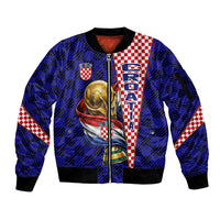 Personalized Croatia Football Sleeve Zip Bomber Jacket Checkerboard Graphic - Golden Champion Trophy And Flag