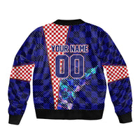 Personalized Croatia Football Sleeve Zip Bomber Jacket Checkerboard Graphic - Golden Champion Trophy And Flag