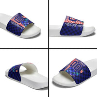 Personalized Croatia Football Slide Sandals Checkerboard Graphic - Golden Champion Trophy And Flag