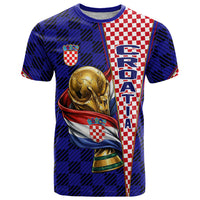 Personalized Croatia Football T Shirt Checkerboard Graphic - Golden Champion Trophy And Flag