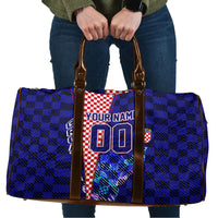 Personalized Croatia Football Travel Bag Checkerboard Graphic - Golden Champion Trophy And Flag