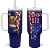 Personalized Croatia Football Tumbler With Handle Checkerboard Graphic - Golden Champion Trophy And Flag