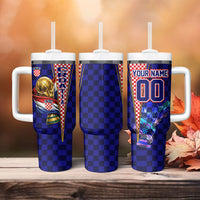Personalized Croatia Football Tumbler With Handle Checkerboard Graphic - Golden Champion Trophy And Flag