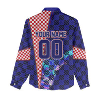 Personalized Croatia Football Women Casual Shirt Checkerboard Graphic - Golden Champion Trophy And Flag