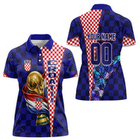 Personalized Croatia Football Women Polo Shirt Checkerboard Graphic - Golden Champion Trophy And Flag