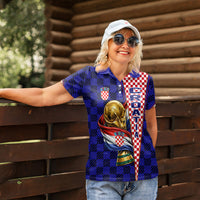 Personalized Croatia Football Women Polo Shirt Checkerboard Graphic - Golden Champion Trophy And Flag