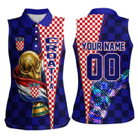 Personalized Croatia Football Women Sleeveless Polo Shirt Checkerboard Graphic - Golden Champion Trophy And Flag