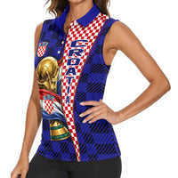 Personalized Croatia Football Women Sleeveless Polo Shirt Checkerboard Graphic - Golden Champion Trophy And Flag