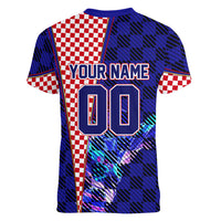 Personalized Croatia Football Women V-Neck T-Shirt Checkerboard Graphic - Golden Champion Trophy And Flag