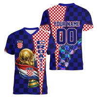 Personalized Croatia Football Women V-Neck T-Shirt Checkerboard Graphic - Golden Champion Trophy And Flag