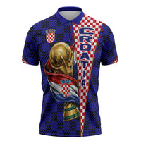 Personalized Croatia Football Zipper Polo Shirt Checkerboard Graphic - Golden Champion Trophy And Flag