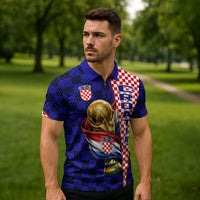 Personalized Croatia Football Zipper Polo Shirt Checkerboard Graphic - Golden Champion Trophy And Flag