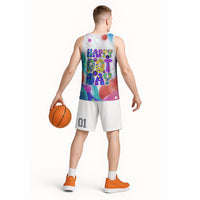 Happy Dot Day Basketball Jersey Colorful Swirling Polka Dots and Whimsical Smiley Flowers