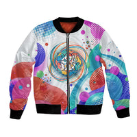 Happy Dot Day Bomber Jacket Colorful Swirling Polka Dots and Whimsical Smiley Flowers