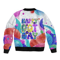 Happy Dot Day Bomber Jacket Colorful Swirling Polka Dots and Whimsical Smiley Flowers