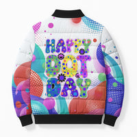 Happy Dot Day Bomber Puffer Jacket Colorful Swirling Polka Dots and Whimsical Smiley Flowers