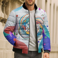 Happy Dot Day Bomber Puffer Jacket Colorful Swirling Polka Dots and Whimsical Smiley Flowers