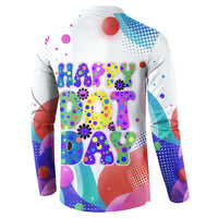 Happy Dot Day Button Sweatshirt Colorful Swirling Polka Dots and Whimsical Smiley Flowers
