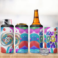 Happy Dot Day 4 in 1 Can Cooler Tumbler Colorful Swirling Polka Dots and Whimsical Smiley Flowers