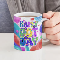 Happy Dot Day Ceramic Mug Colorful Swirling Polka Dots and Whimsical Smiley Flowers