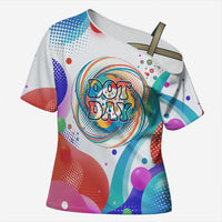 Happy Dot Day Cross Shoulder Shirt Colorful Swirling Polka Dots and Whimsical Smiley Flowers