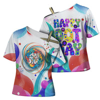 Happy Dot Day Cross Shoulder Shirt Colorful Swirling Polka Dots and Whimsical Smiley Flowers