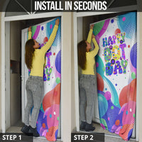 Happy Dot Day Door Cover Colorful Swirling Polka Dots and Whimsical Smiley Flowers