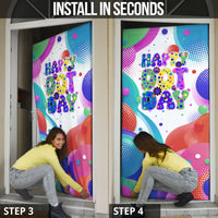 Happy Dot Day Door Cover Colorful Swirling Polka Dots and Whimsical Smiley Flowers