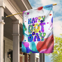 Happy Dot Day Garden Flag Colorful Swirling Polka Dots and Whimsical Smiley Flowers